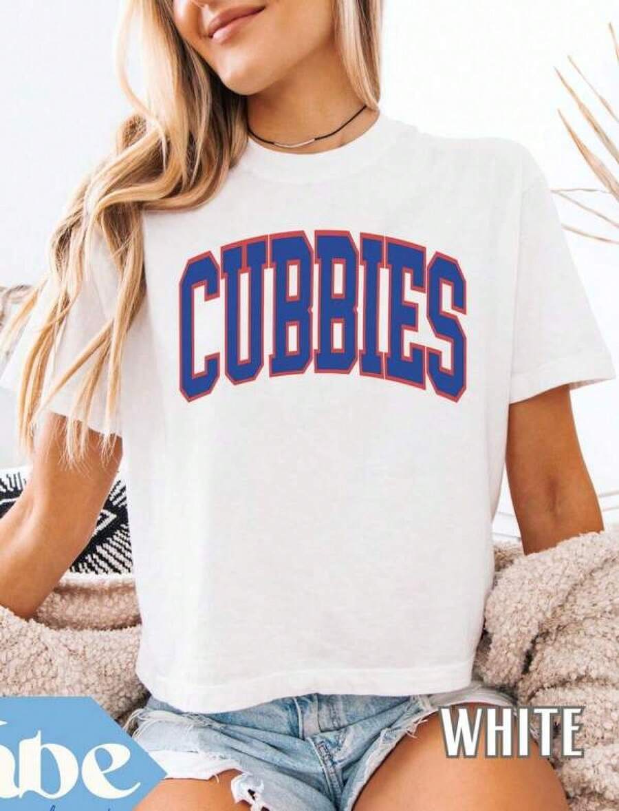 Women's Tops: Adulubs Crop Shirt, Chicago Baseball Cubs Game Day Shirt, Cubbies T-Shirt, Oversized Cubs Shirt, Chi Town Boxy Cr. Seasonal Clothing, Breathable Fabric, Holiday Style, Unisex. - 白色 - 查看 1