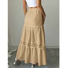 Women's Casual A-Line French Lace Trim Drawstring Waist White Maxi Skirt, Summer Holiday Skirt Spring - Khaki - View 5