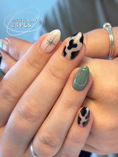 24 Piece Size Pressed Nails Almond Shape, /Part Of The Nails Feature Classic Black And White Cow Lines, With Y2K Style Irregular Black Spots That Are Playful And Retro, Combined With Low Saturation Matcha Green.