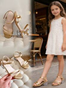 时尚女童高跟凉鞋 | 细款可调节踝带和透明粗跟 - 金色 - 查看 3