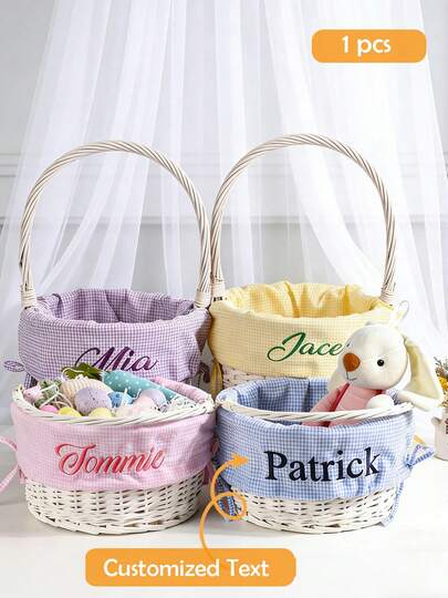 1pc Personalized Children's Easter Basket, Plaid Lining, Customizable Name Basket Lining, Easter Egg Hunt Gift, Top Choice For Children And Spring Decor Basket, Custom Gift For Baby's First Easter, Holiday Party Favor, Party Supplies, Banner, Birthday Decoration