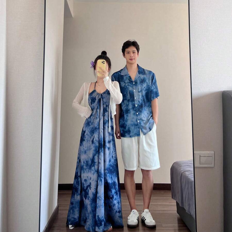 Spring Women Dress 2026 New Design Blue Tie-Dye Strap Summer Vacation Style Short-Sleeve Shirt For Couples Matching Outfits - Men's Shirt - View 1
