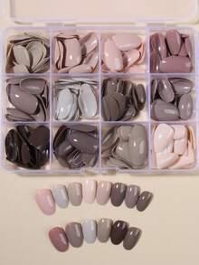 288片（12种混合色）短款椭圆形裸色和灰色美甲贴纸，短款亚克力美甲贴纸，全覆盖假指甲，带收纳盒，适合女性和女孩日常及派对使用，美甲用品 - 彩色 - 查看 4