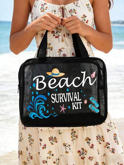 New Beach Patterns Black Mesh Nylon See-Handheld Bag,Women Toiletry Bag, Portable Travel Essential Beach Bag For Towel, Toothpaste, Toiletries, Simple & Elegant For Home & Travel,Gifts For Women,Christmas Gifts,Gift Ideas For Women,Pouch,Makeup Pouch,Travel Essential