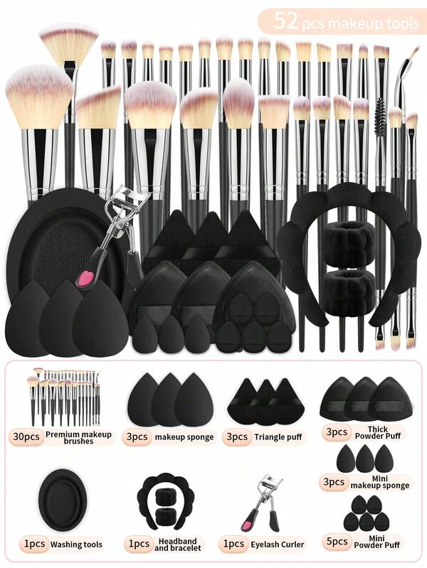 ronshadow 52pcs Deluxe Makeup Tool Set, Including 30pcs Makeup Brushes, Makeup Sponge, Makeup Sponges, Hair Bands, Eyelash Curler, Brush Cleaning Bowl, Complete Starter Kit For Beginners