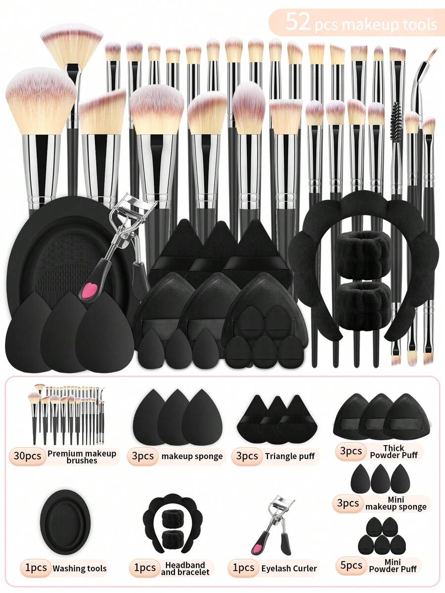 ronshadow 52pcs Deluxe Makeup Tool Set, Including 30pcs Makeup Brushes, Makeup Sponge, Makeup Sponges, Hair Bands, Eyelash Curler, Brush Cleaning Bowl, Complete Starter Kit For Beginners - Multicolor - View 1