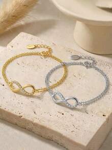 ORSA JEWELS 1 Piece S925 Silver 14k Gold Double Layered Infinite Style And Round Cut Zirconia Chain Bracelet Simple Jewelry For Women, Men For Wedding Party - SB136 - View 4