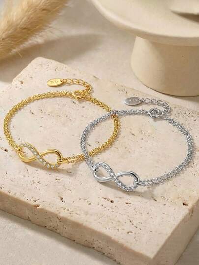 ORSA JEWELS 1 Piece S925 Silver 14k Gold Double Layered Infinite Style Plus Round Cut Zirconia Chain Bracelet Exquisite Jewelry Hand Acceossory For Women, Men Suitable For Wedding Party Banquet Gift Low Allergy And Fade Resistant