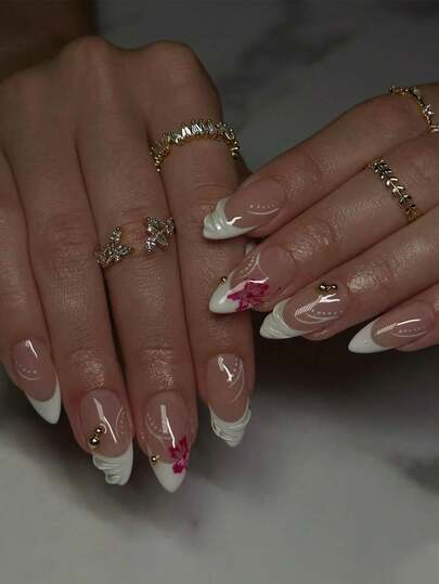 极简可爱白花绿边3D法式简约甜美24片中长杏仁形人造指甲贴片美甲套装，适合上班族、日常佩戴、约会、下午茶、外出等场合。