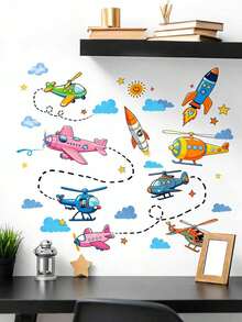 Home Wall Decor Self-Adhesive Sticker Aircraft Pattern Wall Art For Bedroom And Living Room Beautifying Wall Decals - Multicolor - View 3