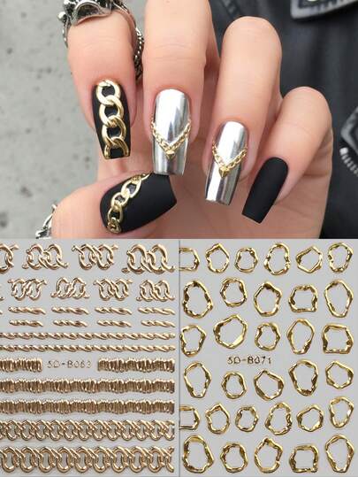2pcs 5D Gold Industrial Chain Nail Stickers - Punk Asymmetrical Fluid Metal Ring Nail Stickers - Music Festival/Party/Casual Cool Style DIY Nail Decals, Holiday Gift, DIY, Y2K