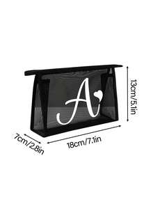 Bolsa de malha preta com estampa de letras brancas de A a Z, transparente, para guardar cosméticos. Grande capacidade e multifuncional, ideal para viagens, guardar batons, produtos de cuidados com a pele, maquiagem e outros itens essenciais. Perfeita para estudantes, com zíper e design minimalista. Ideal para guardar joias, joias, viagens, negócios, natação e para guardar em casa. Perfeita para as férias de verão. - Preto - Ver 10