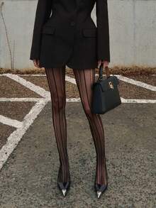 1 双竖条纹渔网袜，黑色复古风，通勤百搭，可搭配西装和高跟鞋 - 彩色 - 查看 3
