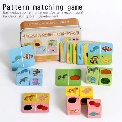 Set de jocuri puzzle din lemn, blocuri de sortare cu modele de animale și umbre cu cutie de tablă, jucărie educativă timpurie cu fișe de învățare, abilități motorii fine, cadou de Paște pentru copii mici