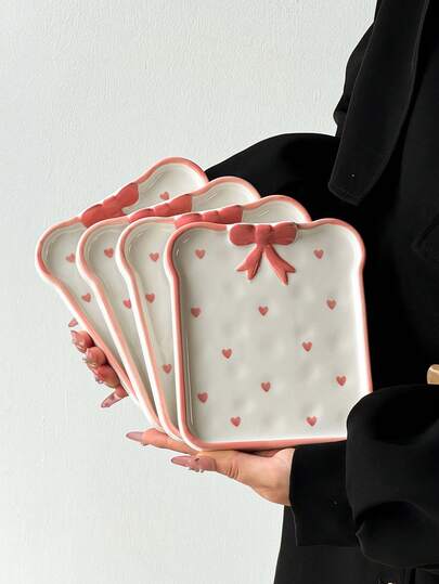 1 stuk/4 stuks roze hart- en strikkeramisch bord, schattig handbeschilderd hartvormig keramisch bord/snackschaaltje/sieradenbakje, Koreaanse Ins-stijl