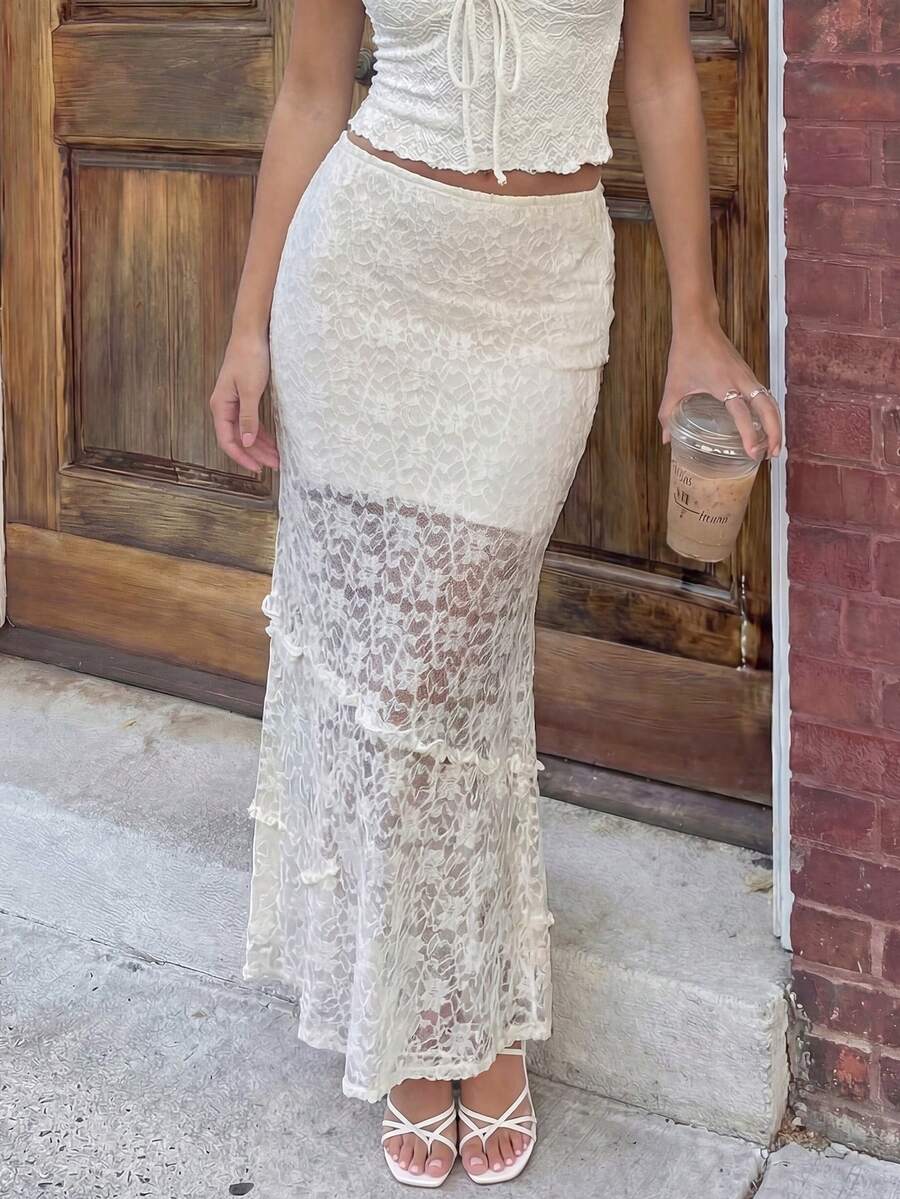 女士奶油色蕾丝长裙 | 层叠荷叶边半透明中长裙，适合度假和春季街头穿着 - 杏色 - 查看 1