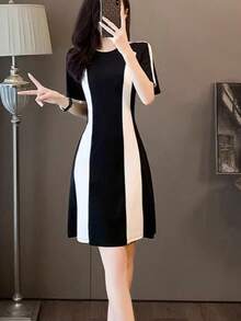 法式时尚黑白休闲连衣裙，收腰显瘦娇小优雅夏季连衣裙 - 黑色 - 查看 1