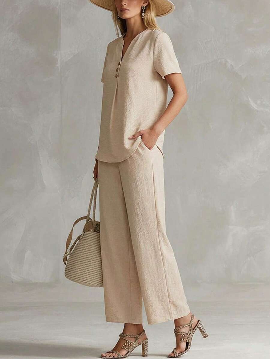 Conjunto feminino Vuslat de verão casual com blusa de manga curta e calça folgada, ideal para o dia a dia, passeios, atividades ao ar livre, momentos de lazer e férias. Perfeito para o trabalho, férias e outras ocasiões. - Damasco - Ver 1