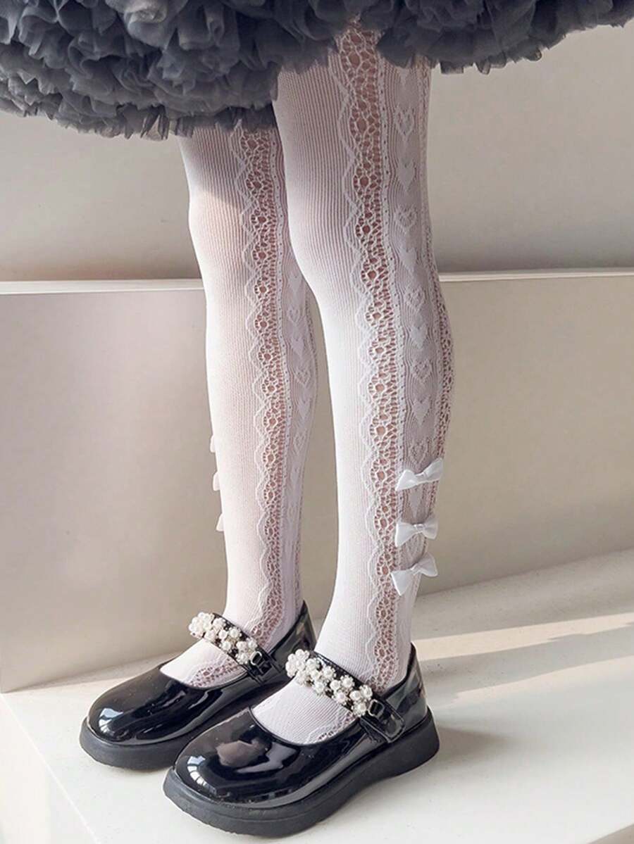 1pc Spring/Summer Lightweight Side Bow Mesh Pantyhose, Girls Black/White/Beige Leggings, Hollow Heart Breathable Base Layer Socks, Suitable For Girls Aged 1-14 - Multicolor - View 1