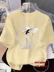 2026新款春夏优雅奢华高端时尚服饰！女士印花T恤 - 饰以珍珠和水晶，奢华优雅设计，适合日常休闲穿着，春夏圆领短袖上衣 - 杏色 - 查看 2