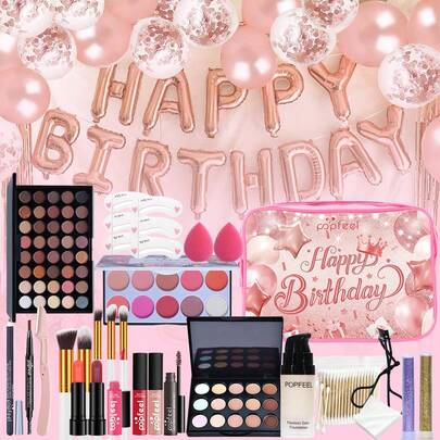  Set de regalo de maquillaje de cumpleaños POPFEEL, incluye corrector, sombra de ojos, lápiz labial, máscara de pestañas y talla grande, adecuado para principiantes, regalo perfecto para cumpleaños u ocasiones festivas