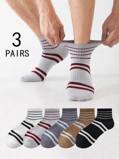 3双男士中筒袜，条纹休闲棉袜，吸湿透气撞色设计