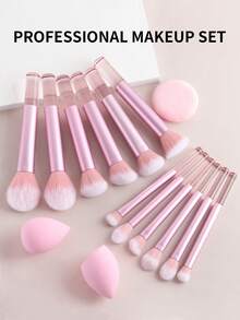 12pcs Pink Transparent Handle Multifunctional Makeup Brush Set - Powder Brush, Blush Brush, Foundation Brush, Eyeshadow Brush, Contour Brush + Angled Makeup Sponge + Round Makeup Sponge, Essential For Beginners - Pink - View 6
