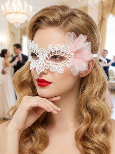 1pc Women's White Lace Masquerade Mask, Sexy Vintage Beaded Floral Lace Half Face Mask With Tie, Suitable For Parties, Balls, All Seasons