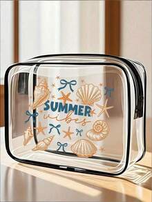 贝壳沙滩夏季字母图案多功能透明防水PVC包，旅行化妆包，旅行洗漱包，旅行洗漱包，主题沙滩包，男女通用，迎接夏天，商务旅行，浴室用品，旅行必备，邮轮必备，女士派对装扮（拉链款式随机） - 黑與白 - 查看 14