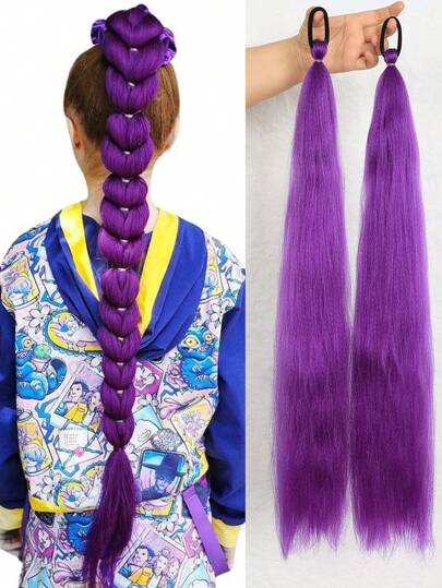 2PCS Synthetic Long Straight Ponytail With Elastic Hair Colorful Braiding Ponytail Hair Extensions Hair Accessories For Kids