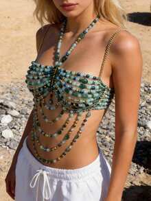 Beaded Body Chain, Blue And Green Artificial Crystal With Gold Accents,Mermaid Costume Bra Rave/Festival/Burlesque Bra Top - màu xanh lá - Xem 2