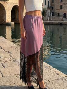 Women's Long Skirt Satin Lace Patchwork Design Stylish Solid Color High Waisted Skirt for Summer - Morado - Ver 3
