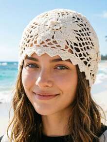 Women's Autumn/Winter Knitted Beanie Hat, Fashionable Versatile Face-Flattering, Hollow Crochet Warm Knitted Cap - Multicolor - View 3