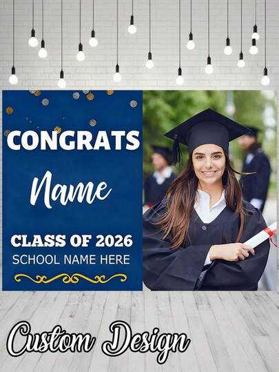 1pc - Personalized Graduation Poster, Personalized Graduation Banner, Customized Name Text/Image, Black & Gold 2D Flat Banner, Displaying Graduate's Smiling Photo And "Celebrate Class Of 2026" Text, Suitable For Birthday Party Decor, Holiday Celebration, Wedding, Youth Gathering, Family Or Campus Event Party.