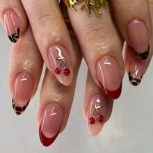 3D Cherry Cross-Border Best-Selling Wearable Nail Tips French Red Short Almond-Shaped Manicure Nail Tips Finished Product - Hộp 3D Cherry in họa tiết da báo Pháp - Xem 2