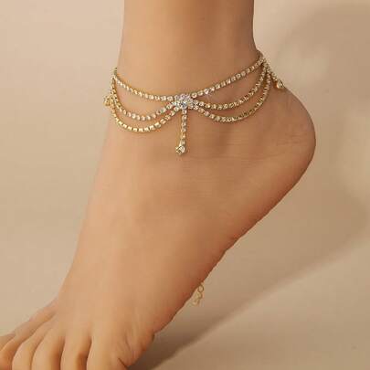 多层脚链，饰有流苏和水钻，时尚个性脚链，女士饰品