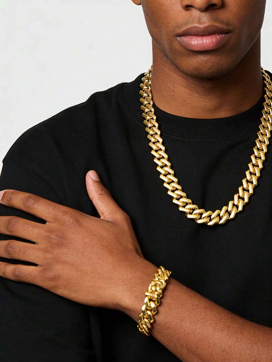 男士经典全钻链项链和手链套装（2件套） - 款式A - 查看 1