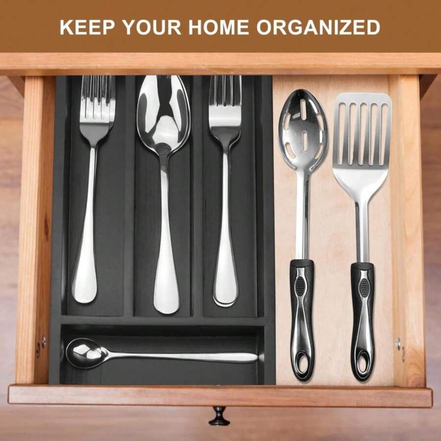 Small Cutlery Tray Narrow Wooden Silverware Organizer 12"X6.7" Spoon Kitchen Utensil Holder For Drawer Divider Bamboo Cutlery Drawer Organizers Storage Black Wood Silverware Tray Flatware Organizer - ColorA - View 1