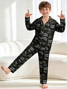 Set de 2 piezas de pijama con top de manga larga y pantalón largo con diseño de videojuegos, color negro, para niño preadolescente - Multicolor - Ver 1