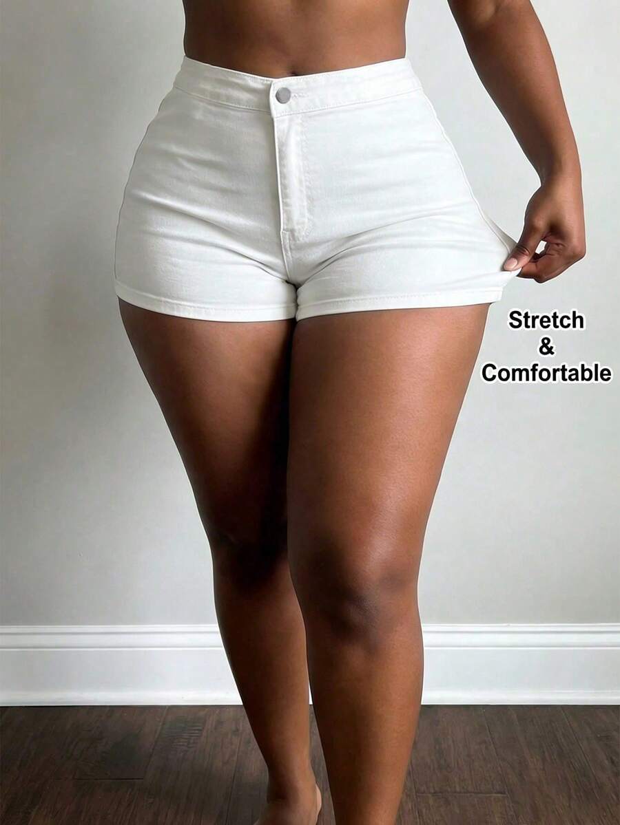 Quần short denim cạp cao co giãn dành cho nữ cỡ lớn, quần short ôm sát gợi cảm. - trắng - Xem 1