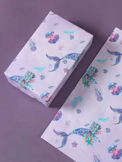 6pcs Purple Mermaid Gift Wrapping Paper, Mermaid Themed Birthday Party Supplies,Birthday Decoration, Baby Shower Decoration, First Birthday Decor, Gender Reveal Decor, Summer Decor, Suitable For Decoration, Gift Box Packaging, Flowers, Weddings, Mother's Day, Valentine's Day Gifts,Wrapping Paper, Tissue Paper, Bouquet Supplies, Back To School Supplies