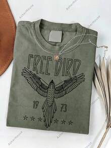 Men's Heavyweight 230gsm Washed Cotton T-Shirt - Vintage Free Bird & Eagle Wing Print With "FREE BIRD" Slogan, Short Sleeve Round Neck Casual Tee For Outdoor, Gym, Parties (Black/White) - Ideal Gift For Music Fans & Aviation Enthus-Vintage Street Style Unisex Loose Cotton Short Sleeve Crew Neck T-Shirt - 軍綠色 - 查看 1