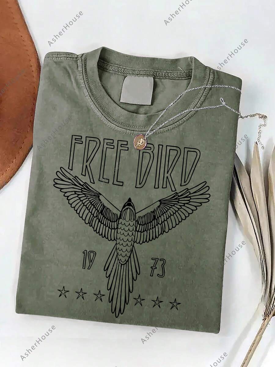 Men's Heavyweight 230gsm Washed Cotton T-Shirt - Vintage Free Bird & Eagle Wing Print With "FREE BIRD" Slogan, Short Sleeve Round Neck Casual Tee For Outdoor, Gym, Parties (Black/White) - Ideal Gift For Music Fans & Aviation Enthus-Vintage Street Style Unisex Loose Cotton Short Sleeve Crew Neck T-Shirt - 軍綠色 - 查看 1