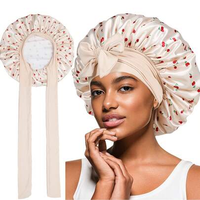 Awegeo 1pc Women's Tie-Up Beige Cherry Print Satin Bonnet, Casual & Comfortable For Home & Daily Wear, Hair Care Cap Sleep Bonnet