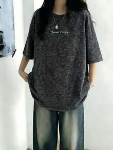 Japanese Style Women's Loose Fit Round Neck Fashionable Versatile Letter Print Tie-Dye Short Sleeve T-Shirt, Spring/Summer Casual - Black - View 3