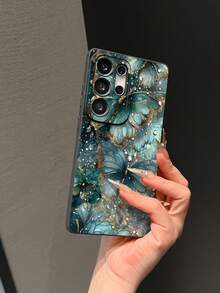 1个时尚绿色蝴蝶花朵图案防摔防滑黑色软磨砂硅胶保护壳，带摄像头开孔，适用于三星Galaxy S26ULTRA、S26PLUS、S25ULTRA、S24ULTRA、S23、S23FE、A57、A17、A07、A16、A05S、A56、17promax、16promax、15promax、14、13promax、12mini、11、11promax、7/8plus、Xsmax - 黑色 - 查看 1