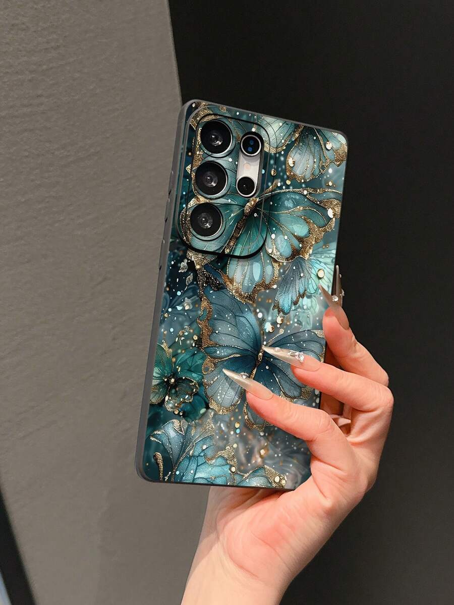 1个时尚绿色蝴蝶花朵图案防摔防滑黑色软磨砂硅胶保护壳，带摄像头开孔，适用于三星Galaxy S26ULTRA、S26PLUS、S25ULTRA、S24ULTRA、S23、S23FE、A57、A17、A07、A16、A05S、A56、17promax、16promax、15promax、14、13promax、12mini、11、11promax、7/8plus、Xsmax - 黑色 - 查看 1