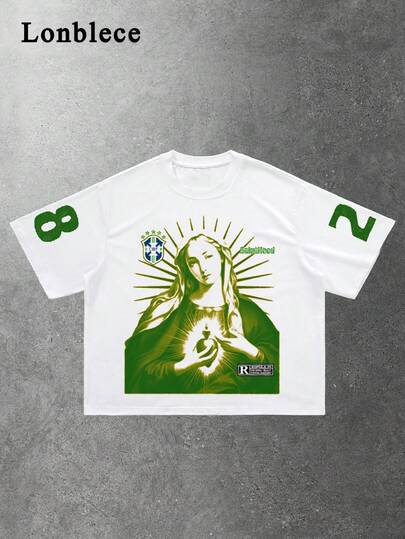 Lonblece 1 ชิ้น เสื้อยืดแขนสั้นผู้ชาย, พิมพ์ลาย Sacred Heart & Virgin Mary, สไตล์สตรีทที่ได้แรงบันดาลใจจากฟุตบอลบราซิล, เหมาะสำหรับใส่ในชีวิตประจำวันแบบลำลองสำหรับทั้งชายและหญิง