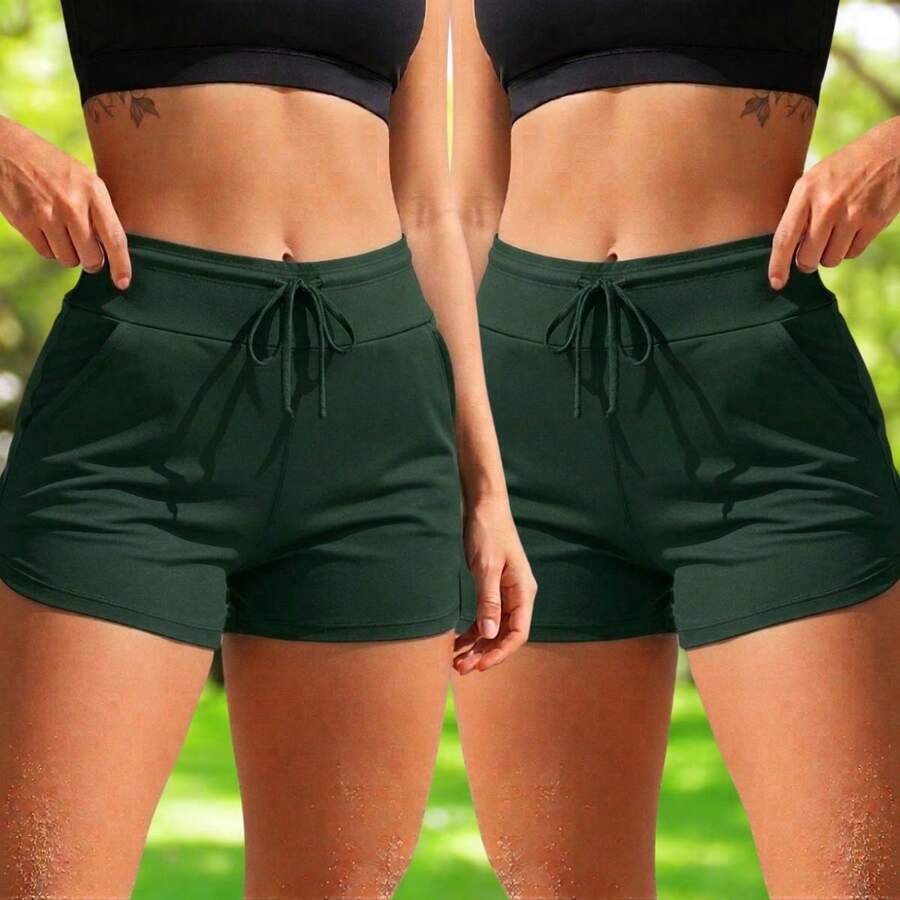 Acqua Bronze Kit 2 Shorts Suplex Drawstring Pocket Adjustable Women's Versatile Bath Sport Double Waistband Sporty Simple Casual - 軍綠色 - 查看 1