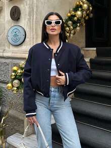 Chaqueta bomber azul marino holgada para mujer - Primavera con cuello alto, manga larga, botones delanteros, estilo callejero elegante con bolsillos - azul real - Ver 1